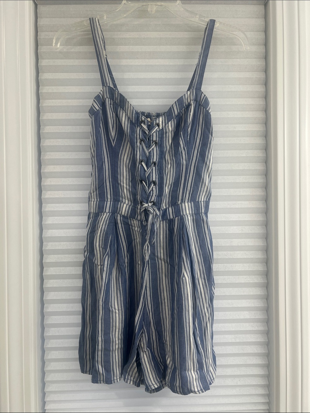 Hollister Blue and White Striped Lace-Up Romper